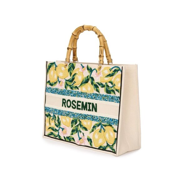 Lily & Bean Juliana Beaded Tote Lemon Bamboo Handle Personalized “Sylvie” Bag - Picture 3 of 7